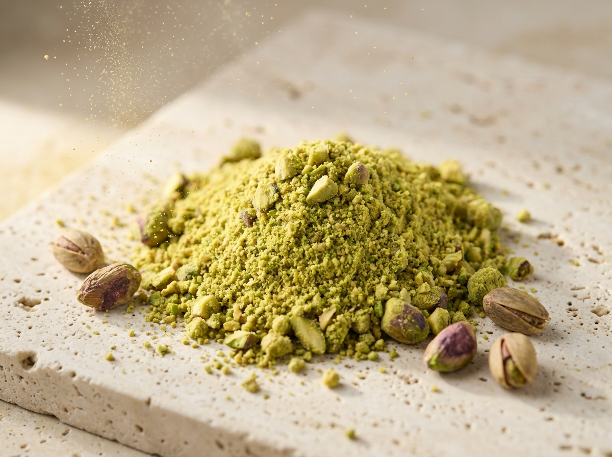 Macro de pistaches premium con polvo dorado